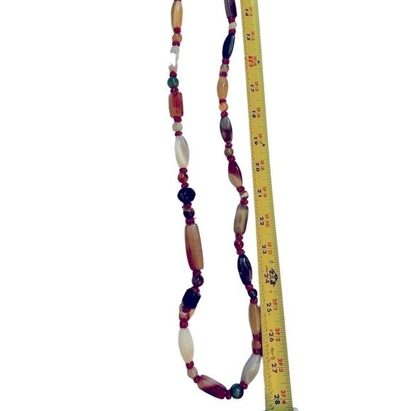 Vintage 70’s Polished Multi Stone 56” Hand Tied Necklace Jade Quartz Agate - Picture 4 of 8